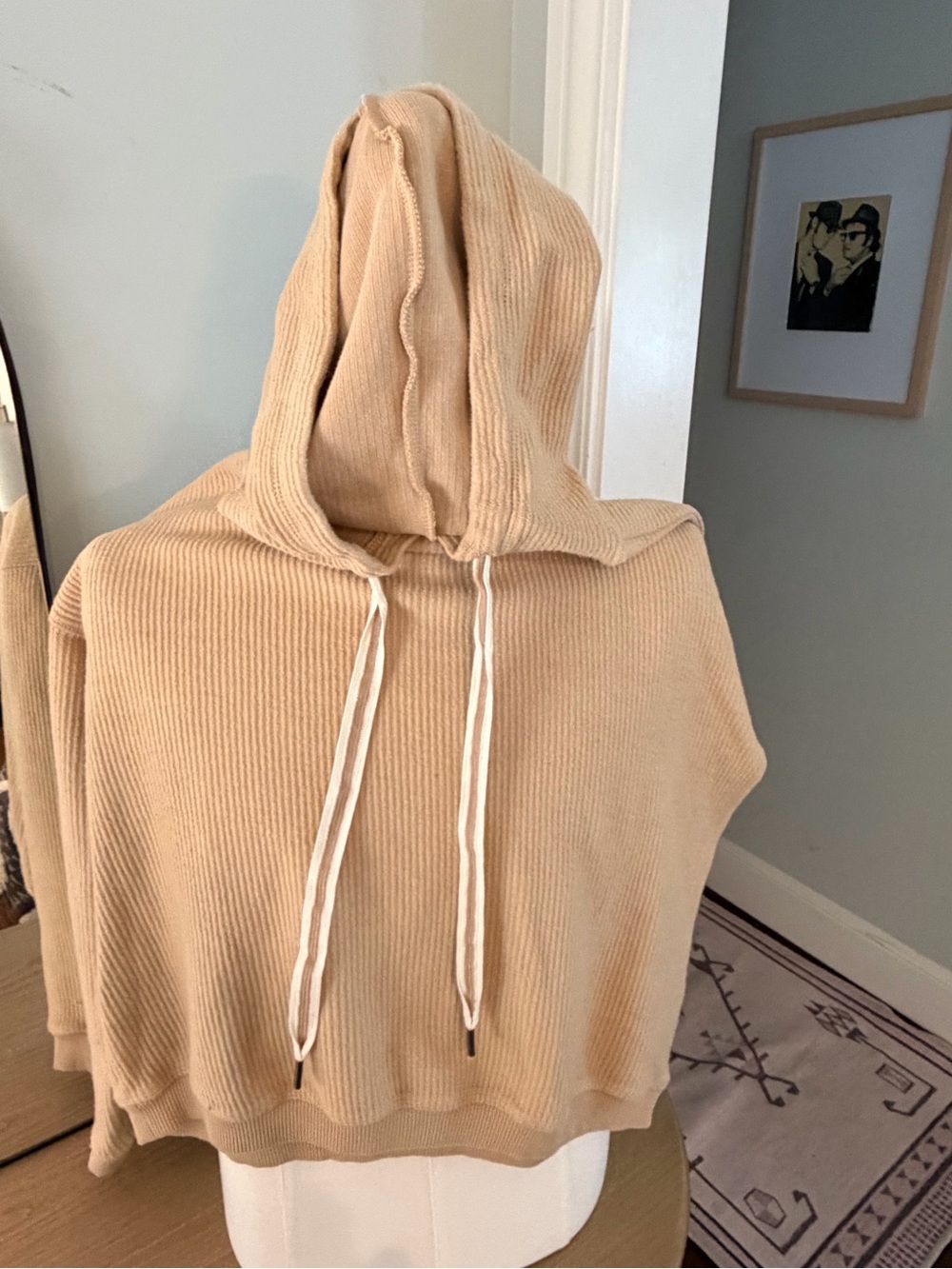 aerie Ribbed Hooded Pullover in Beige